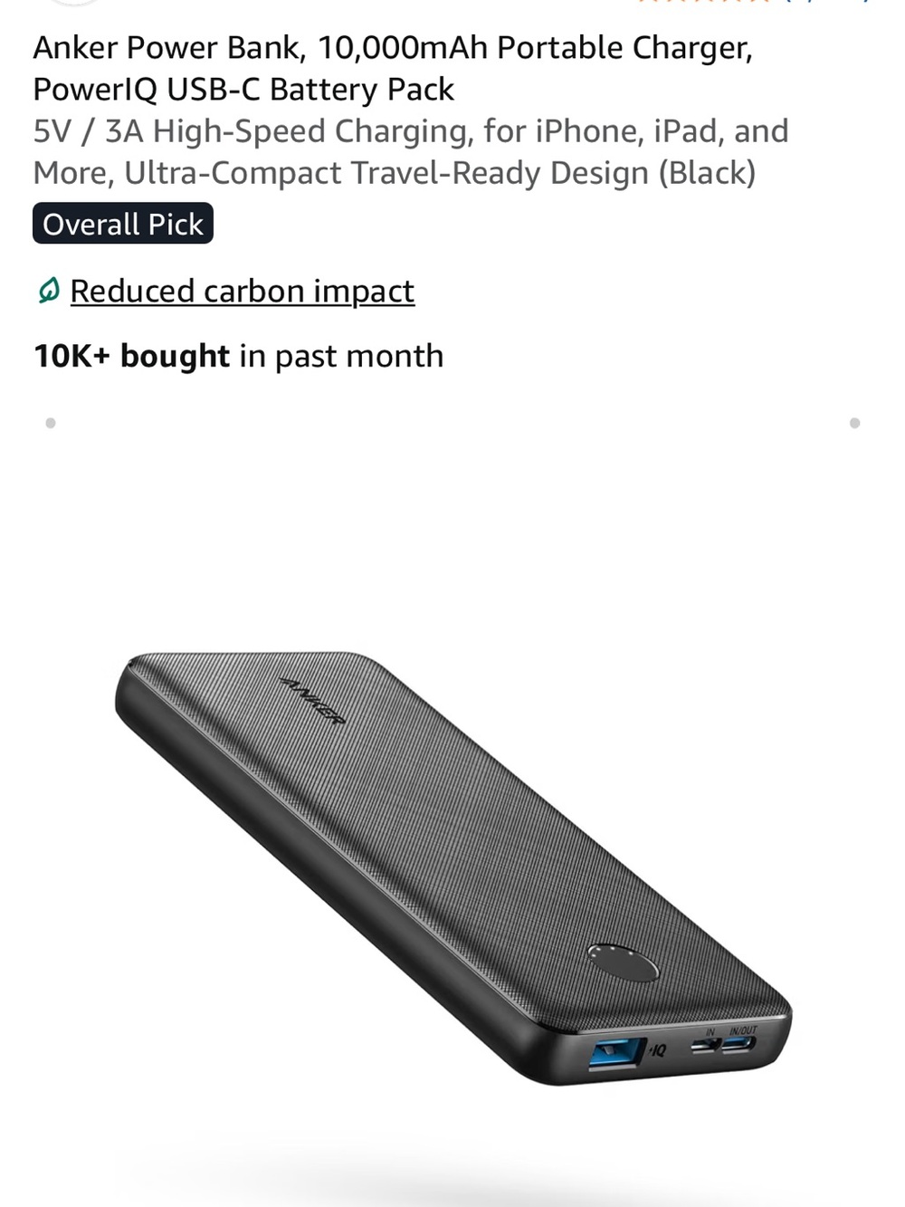 Anker Slim 10,000mAh Portable Power Bank - Black